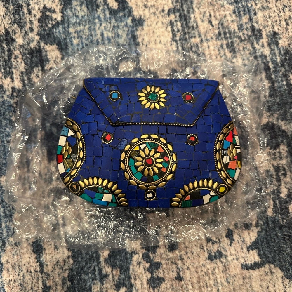 Vibrant Blue Mosaic Clutch with Colorful Accents